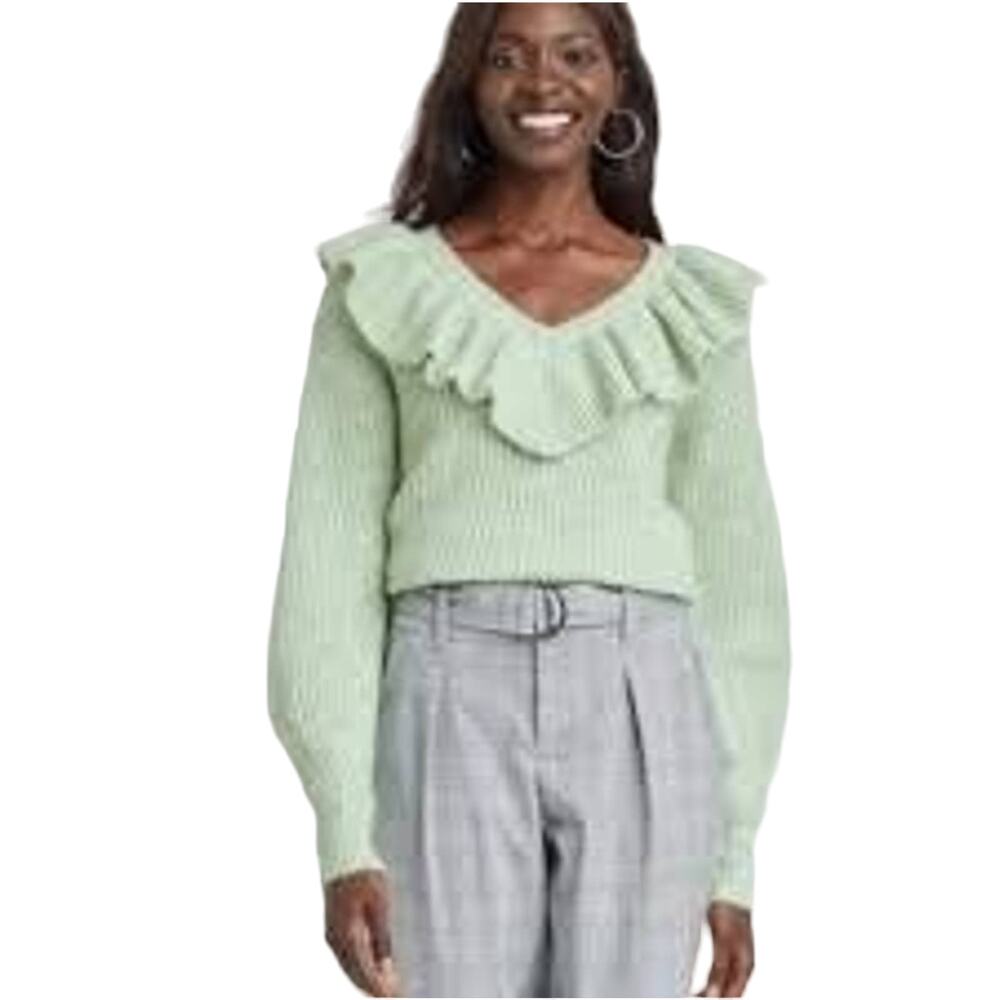 NWT A New Day Women's V-Neck Ruffle Cozy Pullover Sweater Mint Green Size XL